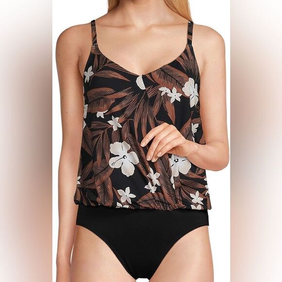 Land's End one piece swimsuit slender suit fabric fauxkini black floral palm 14 - Picture 2 of 7